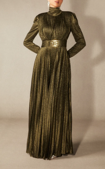 high-neck pleated shimmer maxi dress with structured shoulders – KIYARA