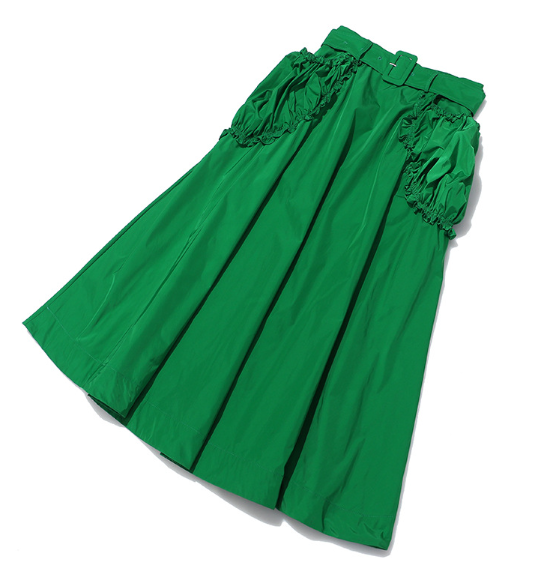 high-waist midi skirt with ruffled side panels – EMERALD