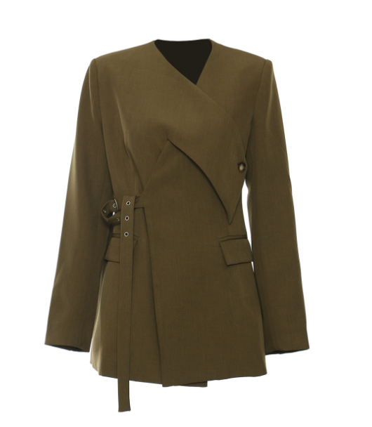 wrap-style tailored blazer with asymmetric belt detail – OLIVE