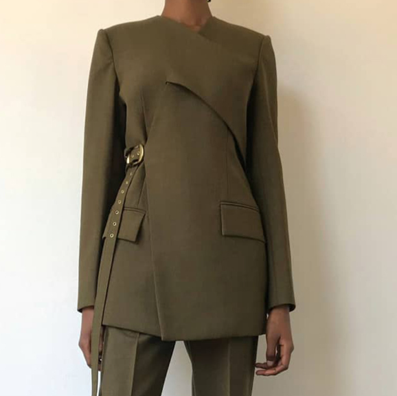 wrap-style tailored blazer with asymmetric belt detail – OLIVE