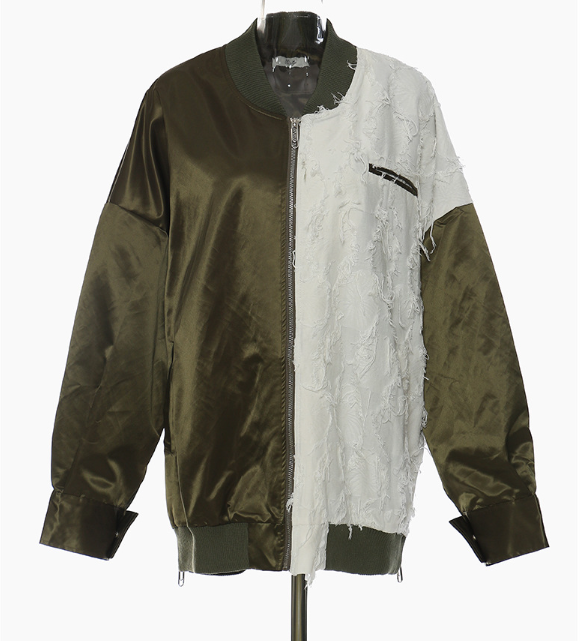 two-tone satin bomber jacket with textured contrast panel – FUSION
