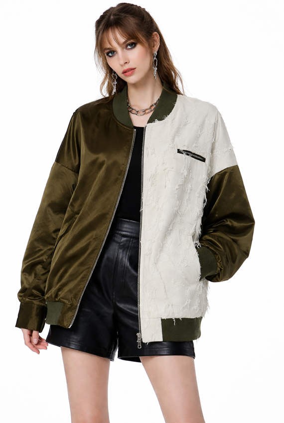 two-tone satin bomber jacket with textured contrast panel – FUSION