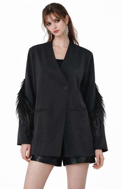 wrap-front blazer with feather sleeve detail – NOCTURNE
