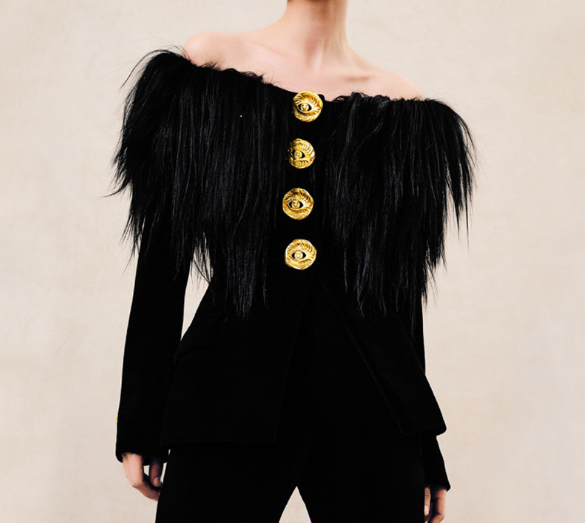 off-shoulder velvet top with feather trim and gold buttons – REGINA