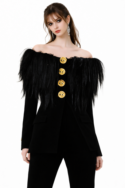 off-shoulder velvet top with feather trim and gold buttons – REGINA