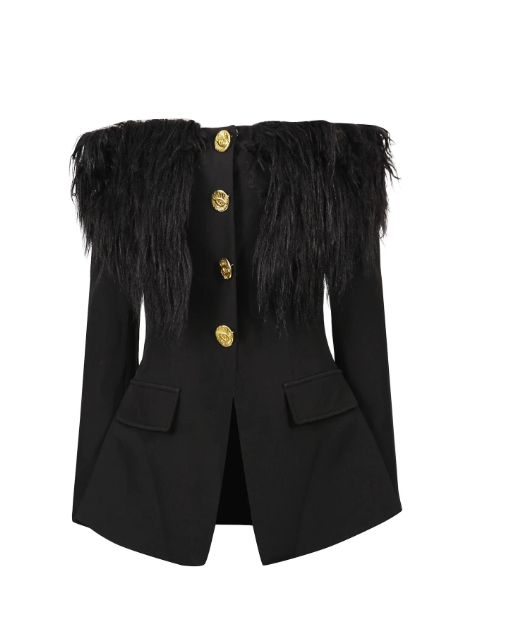 off-shoulder velvet top with feather trim and gold buttons – REGINA