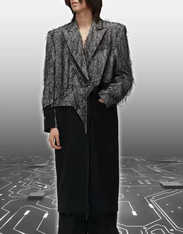 asymmetric layered blazer with textured mesh overlay – OBSCURA