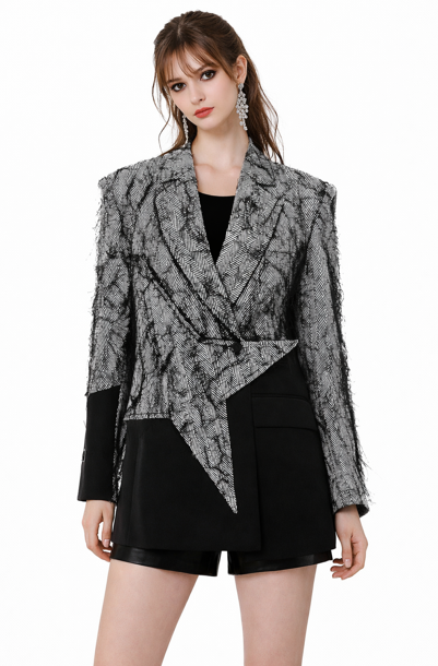 asymmetric layered blazer with textured mesh overlay – OBSCURA