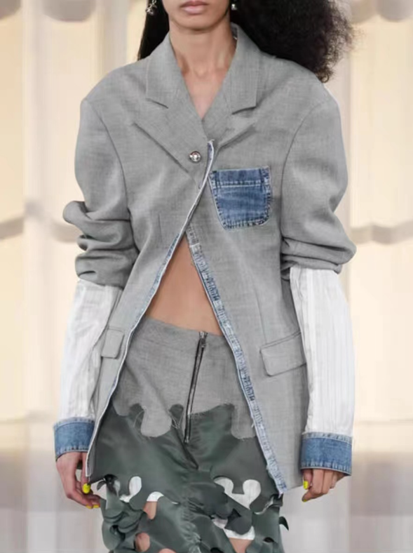 tailored blazer with denim patch pocket and contrast lining – HYBRID