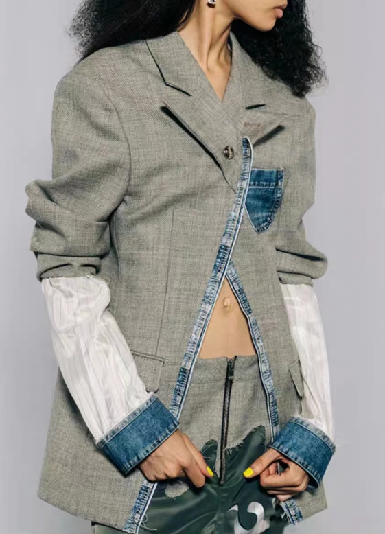 tailored blazer with denim patch pocket and contrast lining – HYBRID