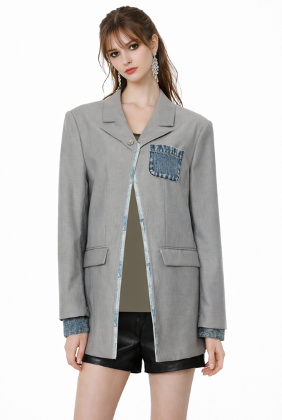tailored blazer with denim patch pocket and contrast lining – HYBRID