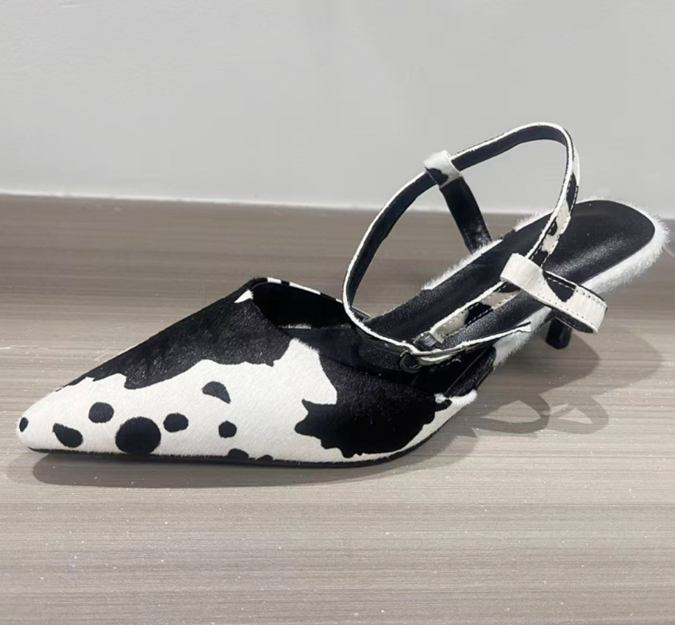 Cow Print Pointed-Toe Slingback Heels - Savanna