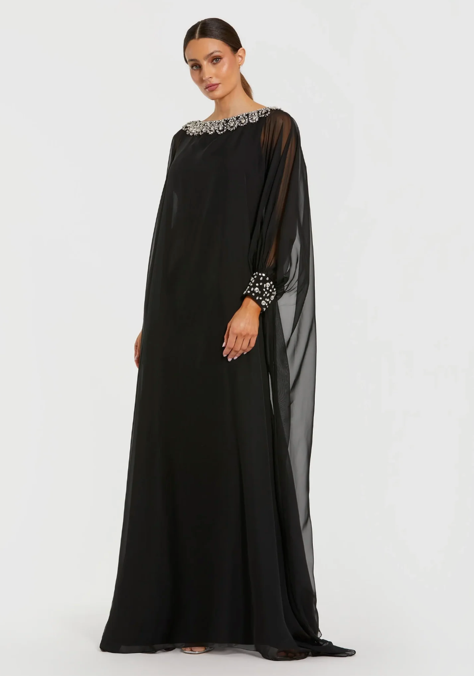 Crystal Embellished Chiffon Cape Maxi Dress - Elowen