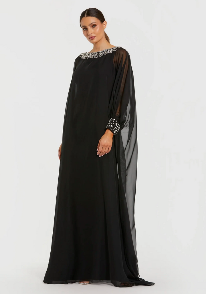 Crystal Embellished Chiffon Cape Maxi Dress - Elowen
