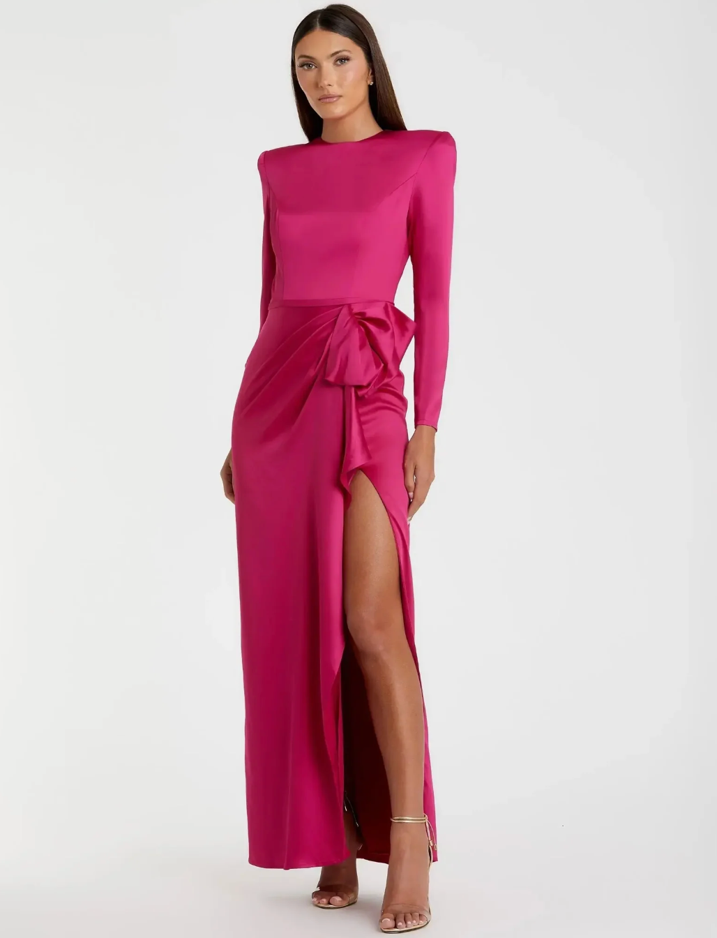 Satin Bow Slit Gown - Fuchsia