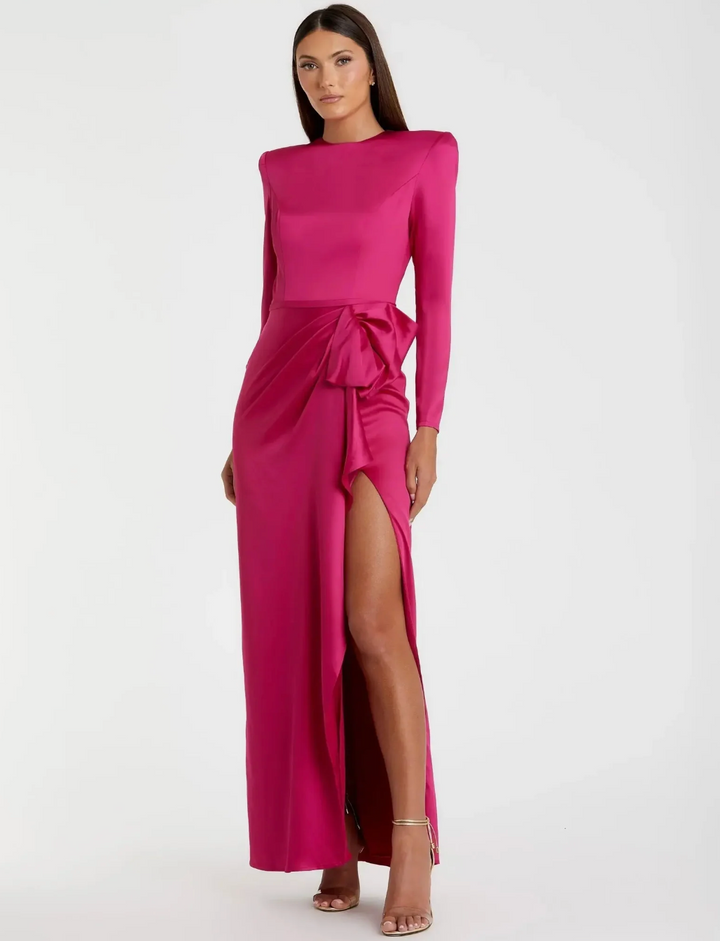 Satin Bow Slit Gown - Fuchsia
