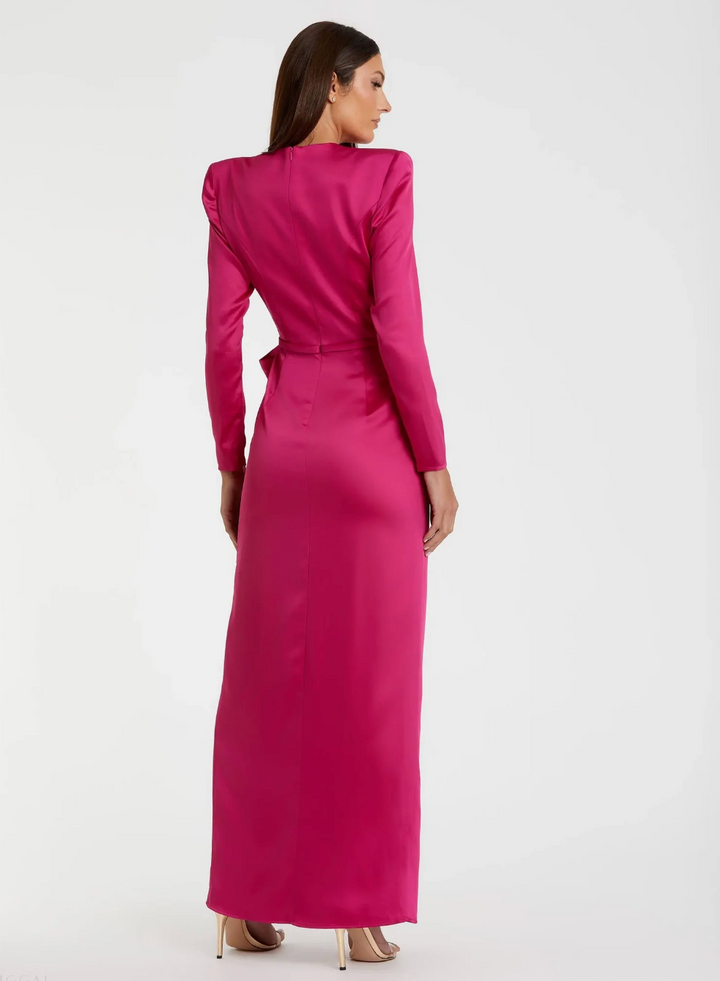 Satin Bow Slit Gown - Fuchsia