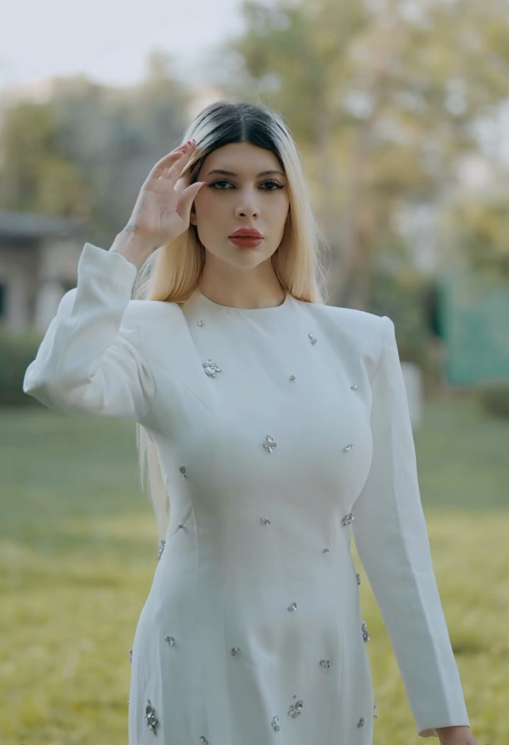 embellished long-sleeve column gown – Jolan