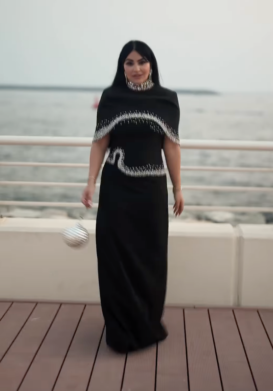 High-Neck Column Dress with Embellished Cape Detail - ELYSIA