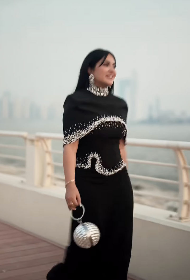 High-Neck Column Dress with Embellished Cape Detail - ELYSIA