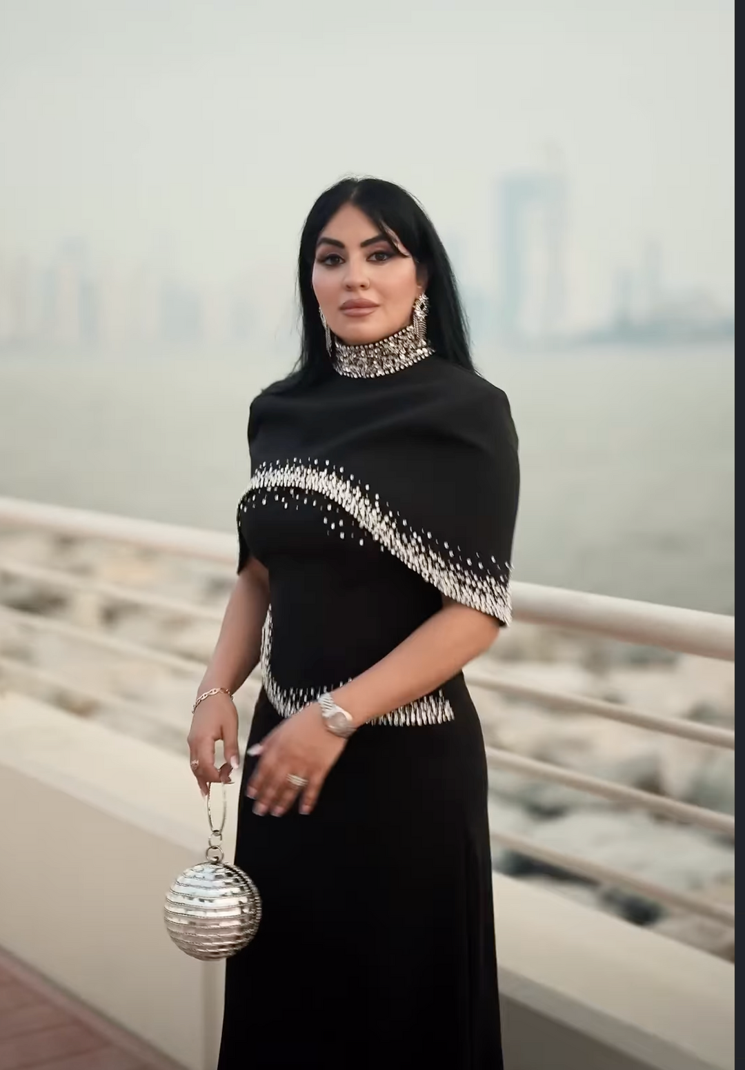 High-Neck Column Dress with Embellished Cape Detail - ELYSIA