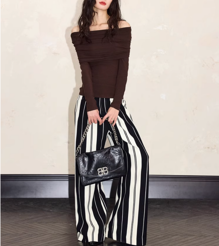 بنطلون واسع مخطط بخصر عالٍ – نوير