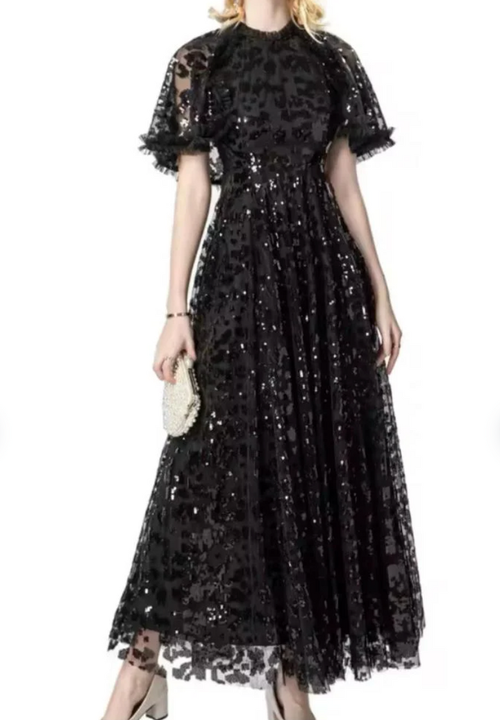 sequin lace midi gown with flutter sleeves – AURÉLIA