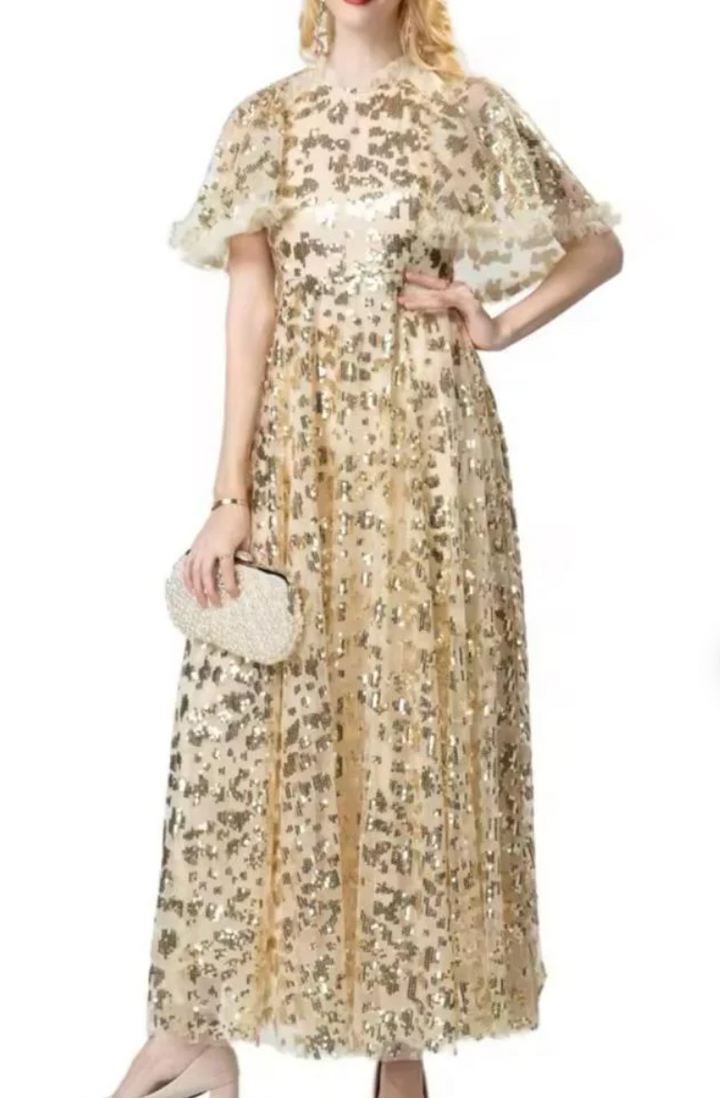 sequin lace midi gown with flutter sleeves – AURÉLIA