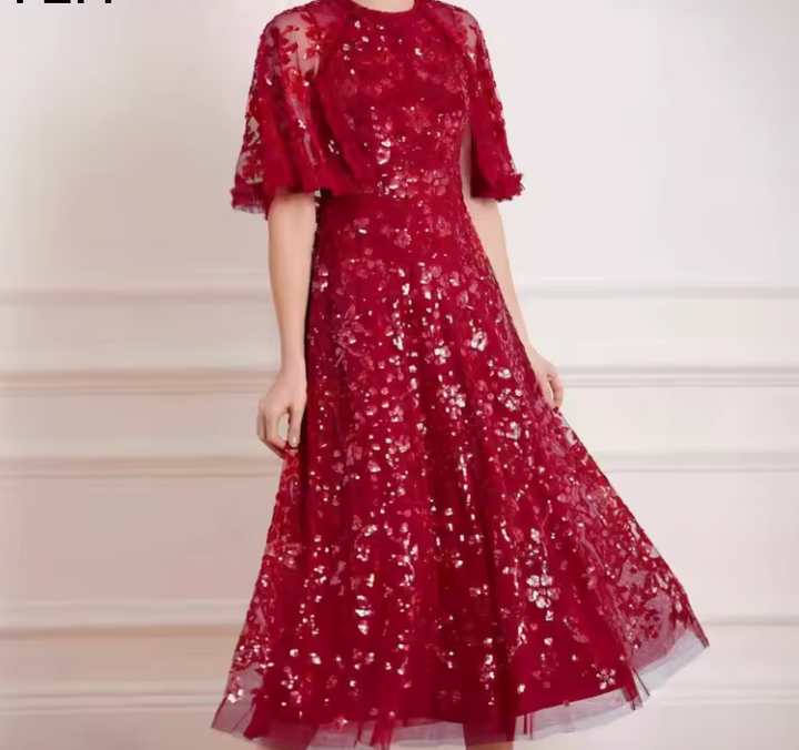 sequin lace midi gown with flutter sleeves – AURÉLIA