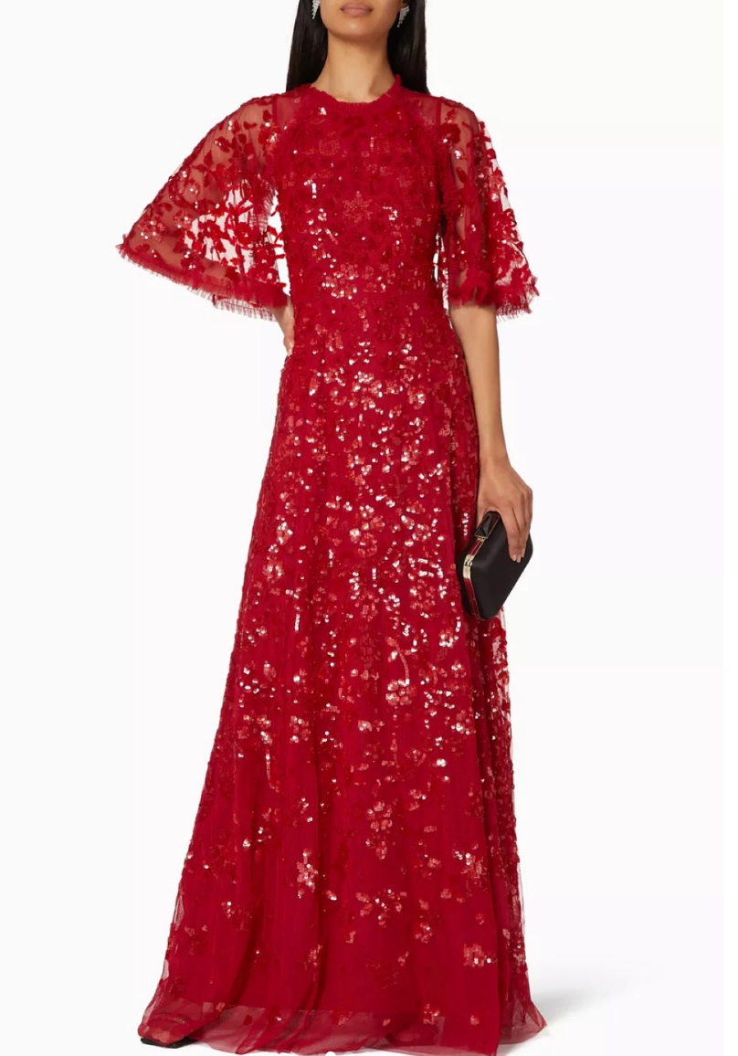 sequin lace midi gown with flutter sleeves – AURÉLIA