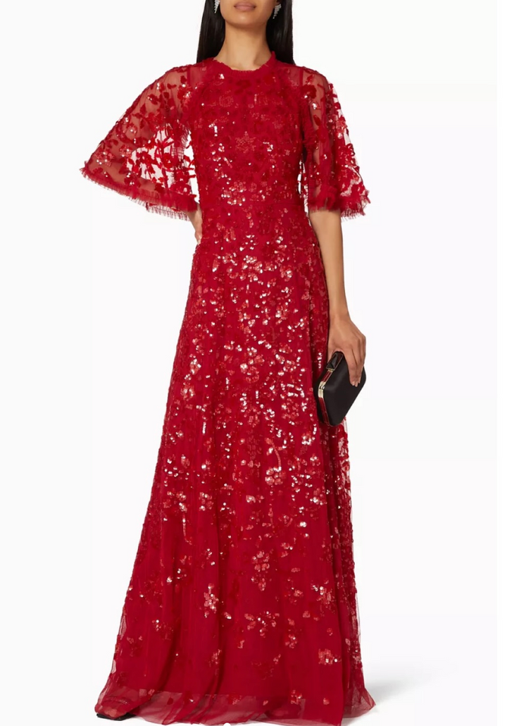 sequin lace midi gown with flutter sleeves – AURÉLIA