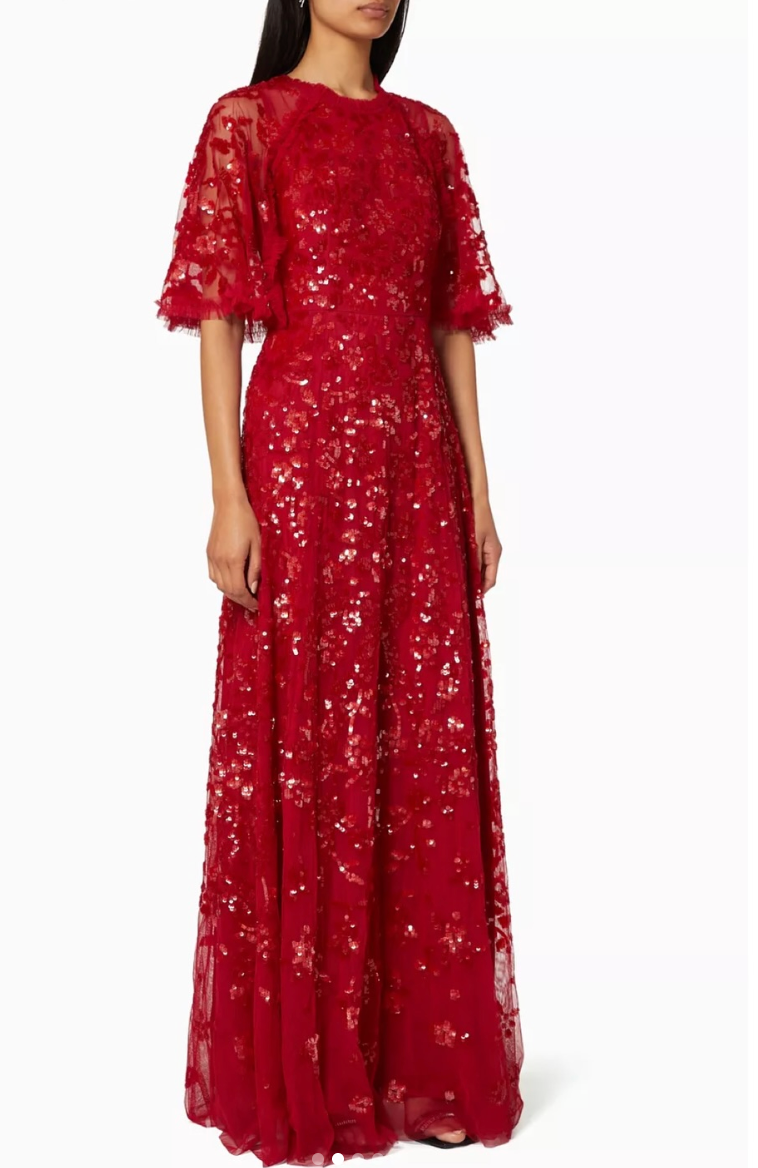 sequin lace midi gown with flutter sleeves – AURÉLIA