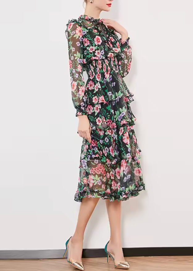 فستان شيفون متوسط ​​الطول بطبعة زهور وفتحة رقبة مزينة بفيونكة – فلورا