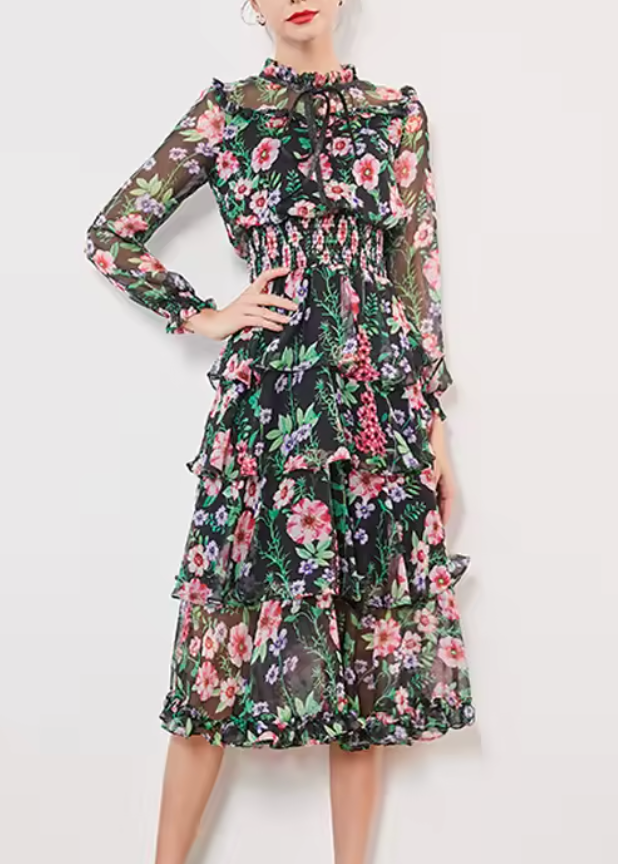 فستان شيفون متوسط ​​الطول بطبعة زهور وفتحة رقبة مزينة بفيونكة – فلورا