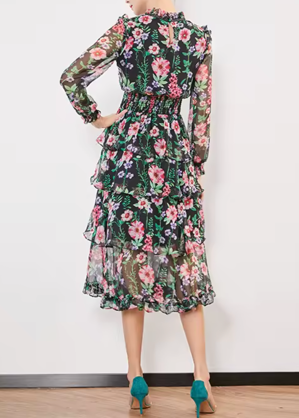 فستان شيفون متوسط ​​الطول بطبعة زهور وفتحة رقبة مزينة بفيونكة – فلورا