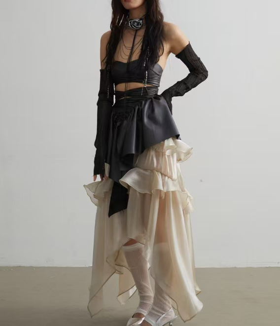 high-waist ruffled satin skirt with asymmetric hem – ELIORA