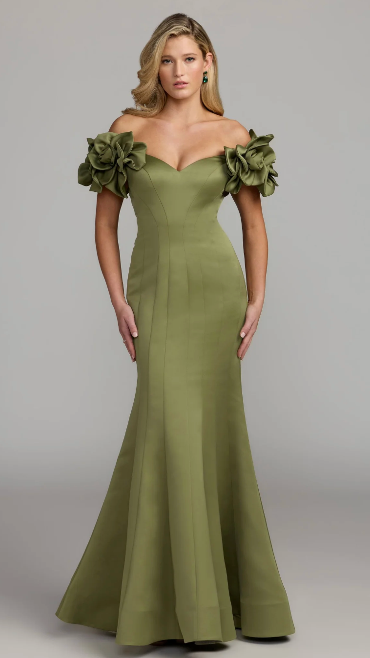 Floral Shoulder Mermaid Maxi Dress - Olive