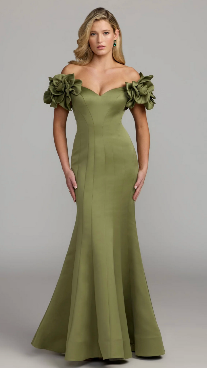 Floral Shoulder Mermaid Maxi Dress - Olive