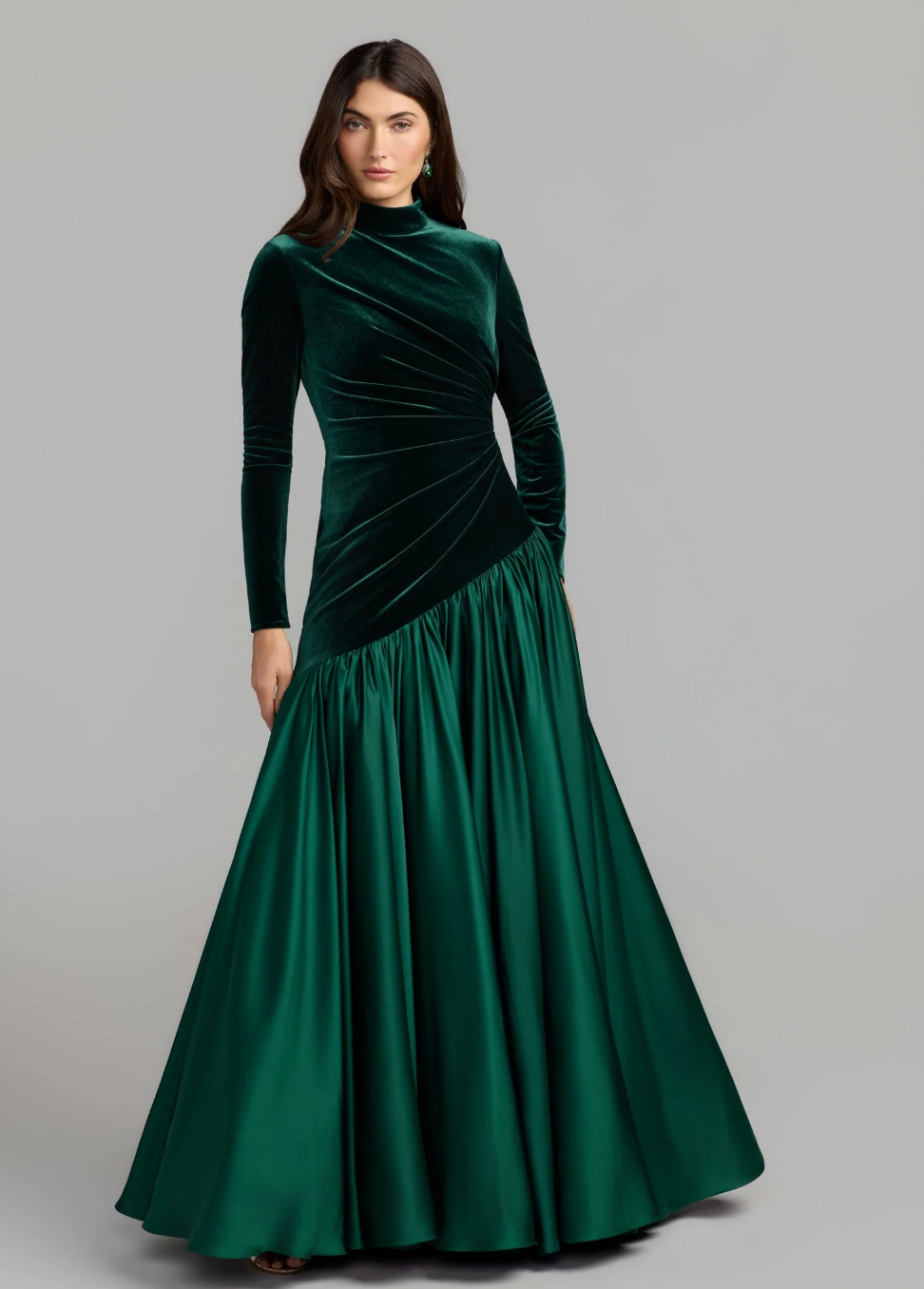 Velvet Draped Satin Maxi Dress - Emerald