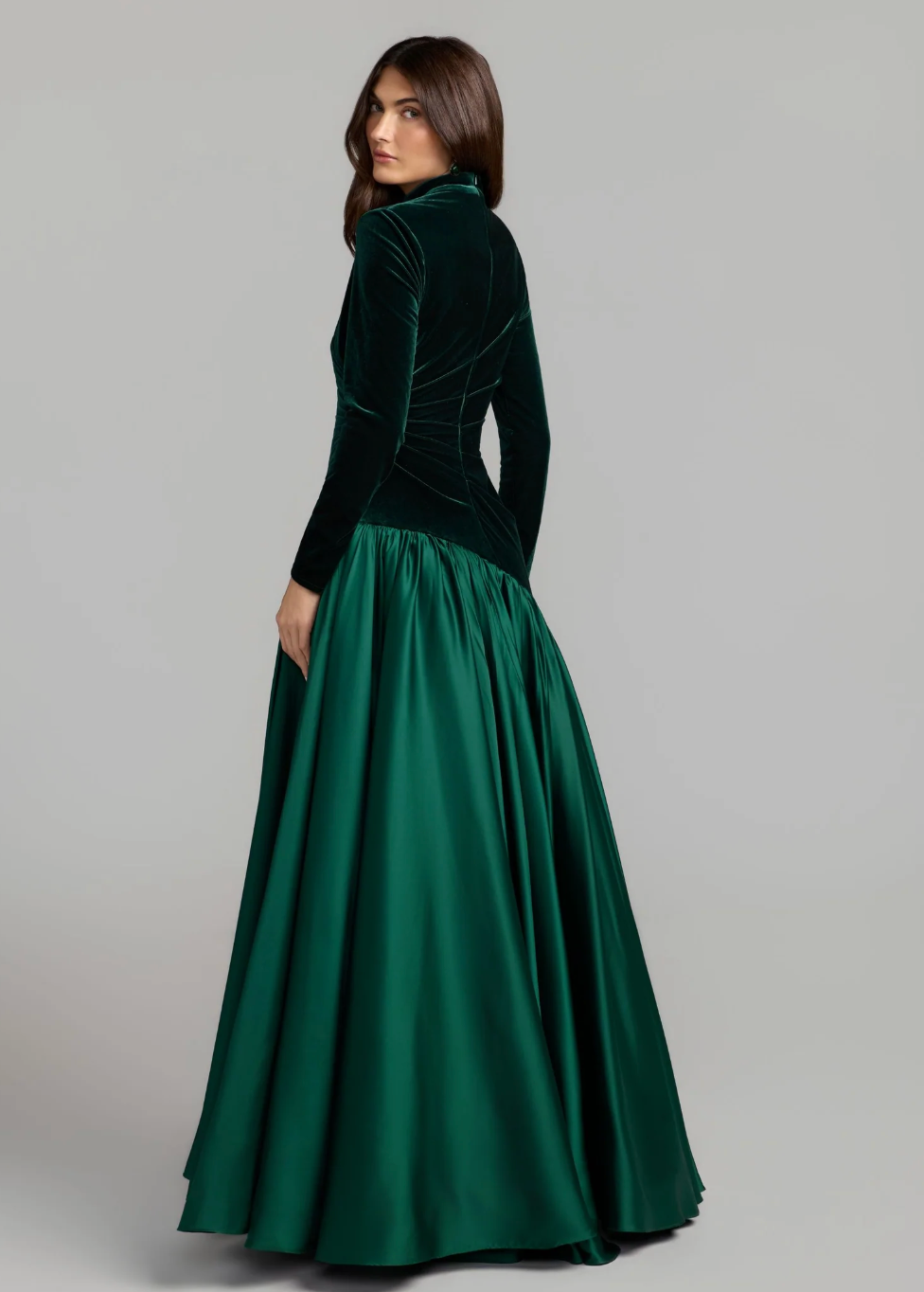 Velvet Draped Satin Maxi Dress - Emerald