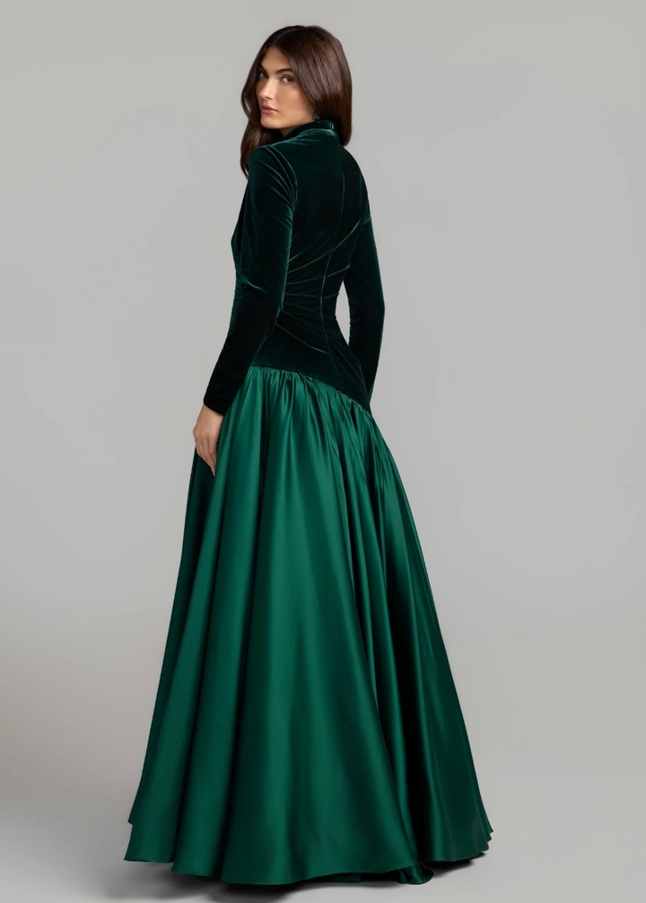 Velvet Draped Satin Maxi Dress - Emerald