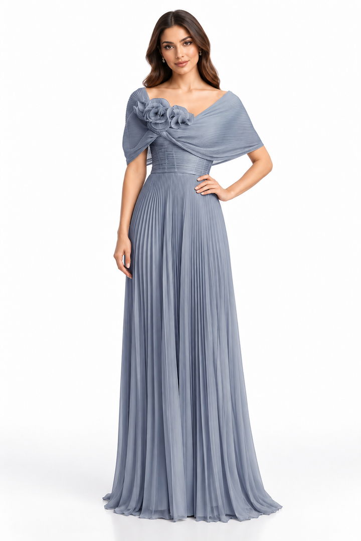 Silver Pleated Floral Gown -Lunavelle