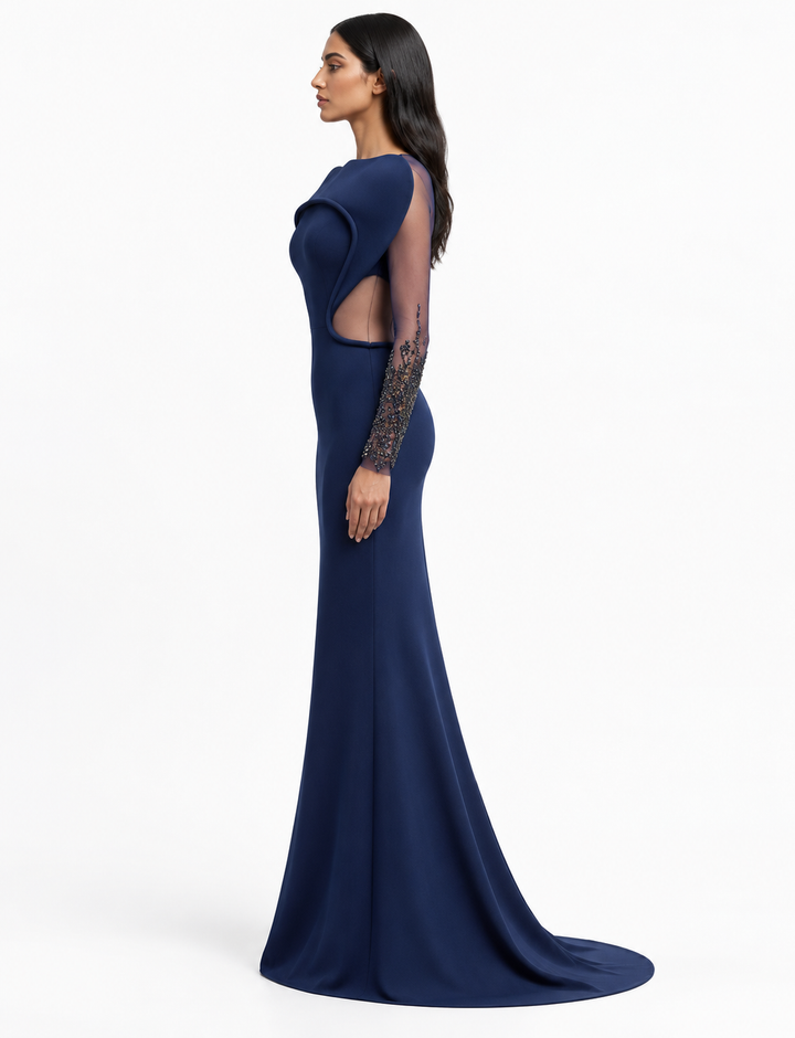 Navy Blue Sculpted Shoulder Beaded Mermaid Maxi Dress - Celestia