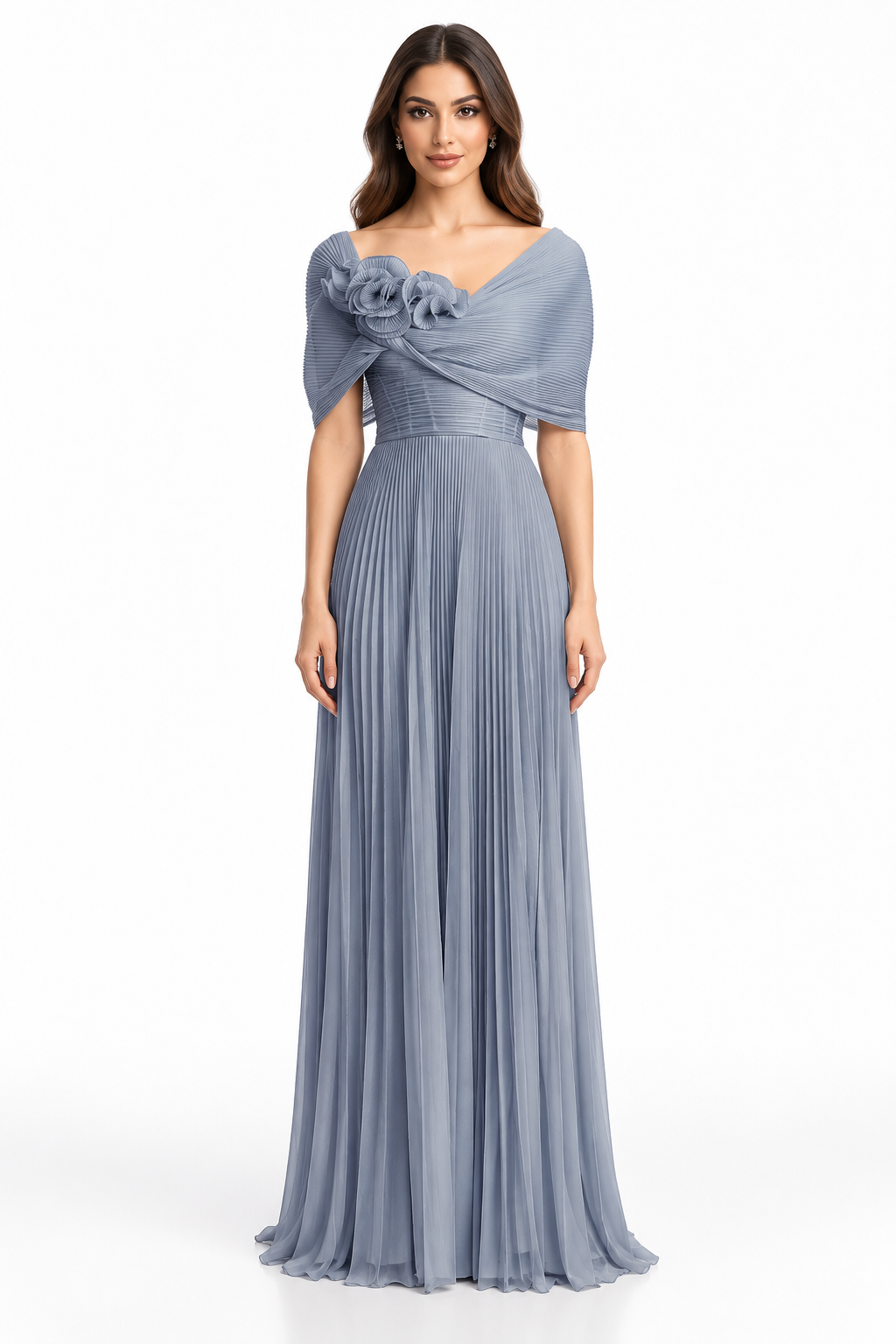 Silver Pleated Floral Gown -Lunavelle