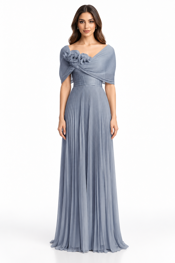 Silver Pleated Floral Gown -Lunavelle