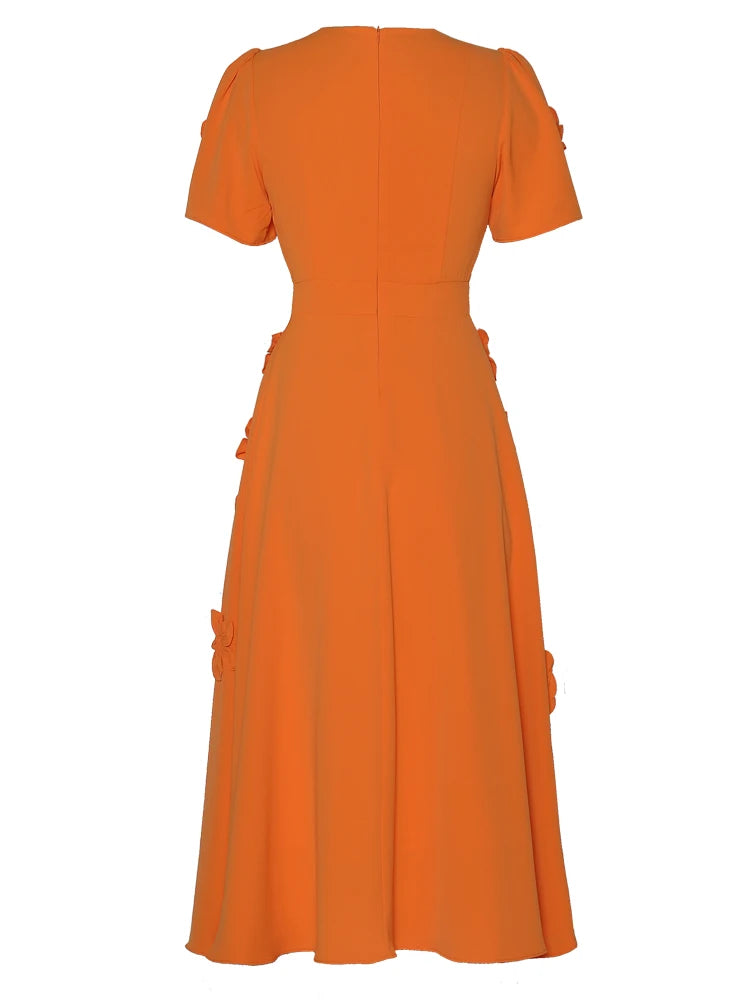 korte mouw midi jurk met 3D bloemenapplicaties - BLOOMIQ 