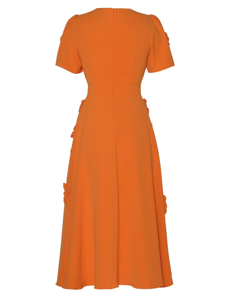 korte mouw midi jurk met 3D bloemenapplicaties - BLOOMIQ 