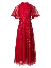 sequin lace midi gown with flutter sleeves – AURÉLIA