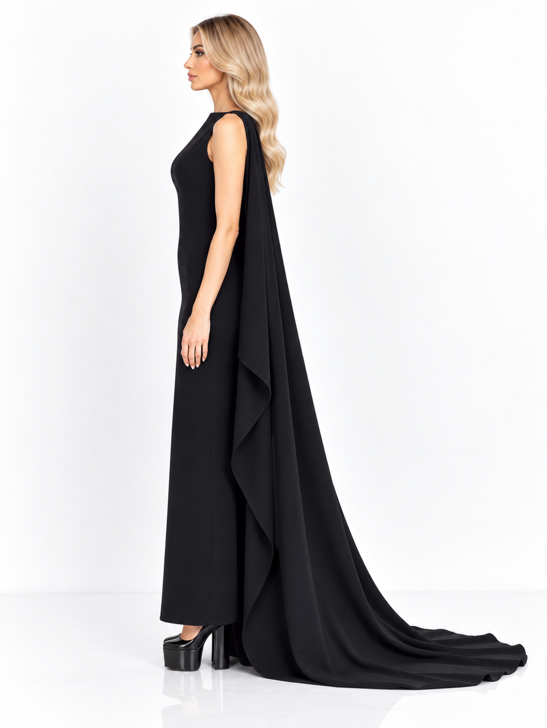 Black Sleeveless Cape Midi Dress - Elara