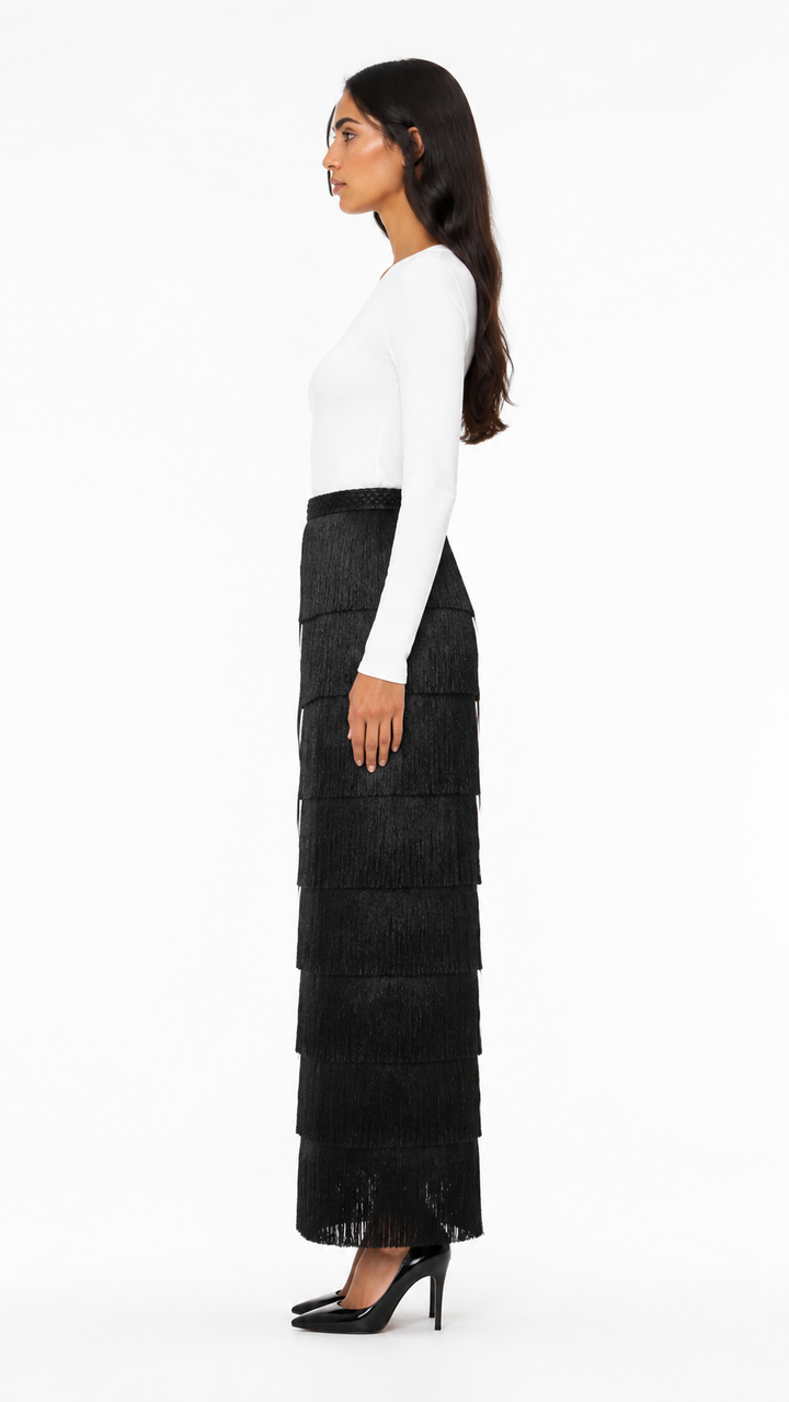 Black Tiered Fringe Maxi Skirt – FREVIA